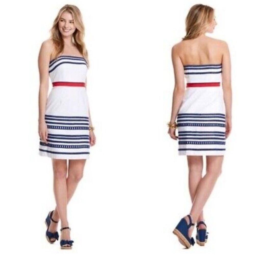 NEW Vineyard Vines Women 8 Strapless Nautical Stripe Sheath Dress Navy Red White